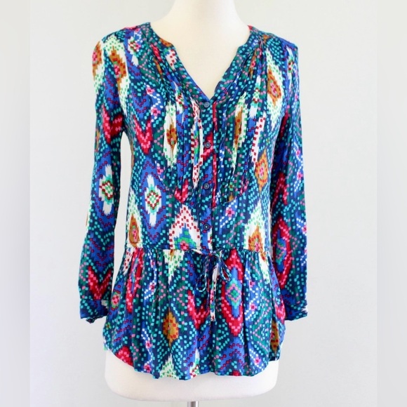 MAEVE Anthropologie Topoxte Drop Waist Geometric Ikat Multicolor Blouse Top - Picture 2 of 14